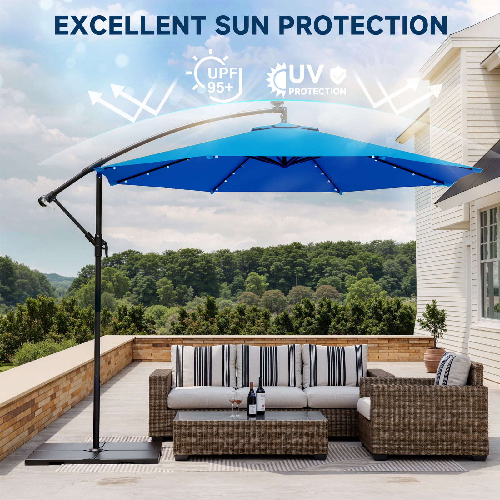 EROMMY 10FT 40 LED Solar Lighted Patio Umbrella,Outdoor Offset Cantilever Umbrella, Infinite Tilt, Crank and Cross Base, UV Protection for Backyard, Lawn, Garden & Pool