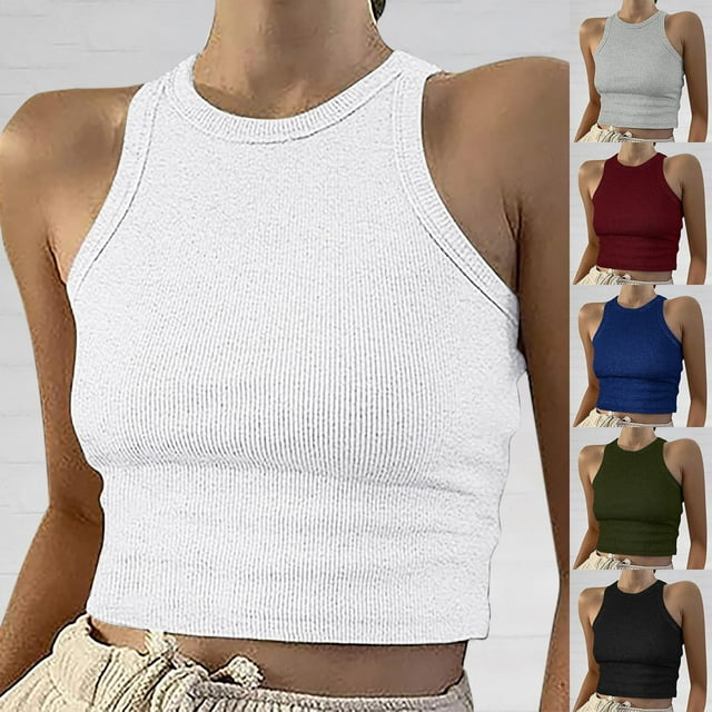 Summer Tank Tops Women Solid Color Vest Sleeveless Crew Neck Ribbed Short Tanks Camisoles for Women Red S