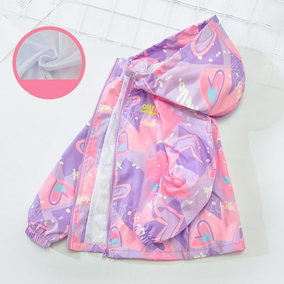 Eltusu Girls Jackets, Windproof Waterproof Hooded Printed Spring Fall Outerwear Purple Size 5 T