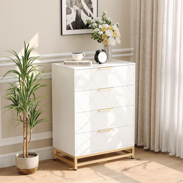 Elegant blanca 4-cajón de madera cómoda spacious compartments con gold accents perfect para dormitorio sala de estar & corridor styling