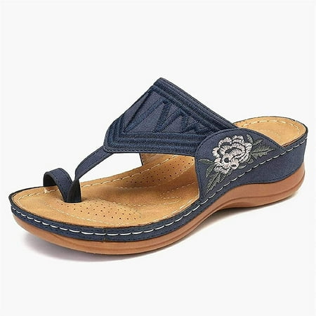 

Women Sandals Anti Slip Orthopedic Slipper Flower Embroidery Halter Back Sandals Casual Comfort Summer Fashion Open Toe Shoes Non-Slip Low Wedge Beach Slippers Blue.