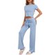 thumbnail image 2 of INSPIRAR CHIC Conjunto de 2 Piezas para Mujeres, Camiseta de Cuello Redondo de Manga Corta con Pantalones con Cuerda, Conjunto de Sudadera de Yoga XS Azul, 2 of 5
