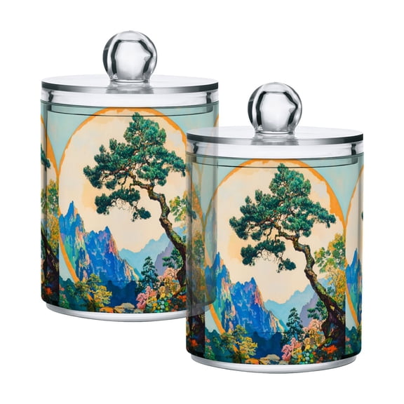 Yayeee 2 Pack Qtip Holder Bathroom Cotton Swab Canister with Lid Clear Dispenser Set, Large Pine Tree