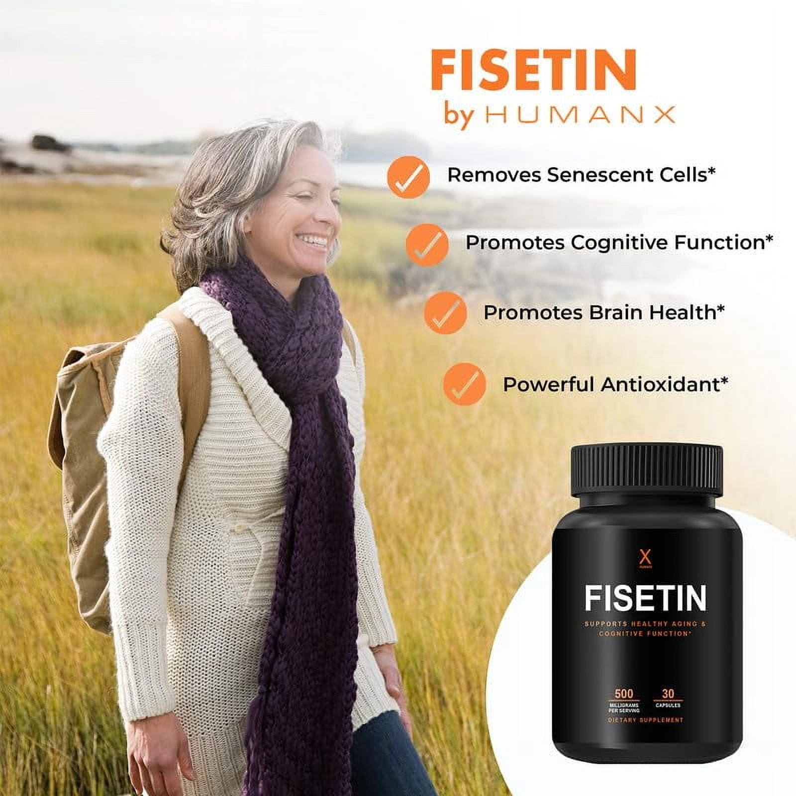 Fisetin 500mg - Fisetin Supplement (Similar to Apigenin, Luteolin, Quercetin) Senolytic Activator - Sirtuin Activator - Bioflavonoid Polyphenols - Non-GMO, Vegan, Lactose Free, Soy Free - by HumanX