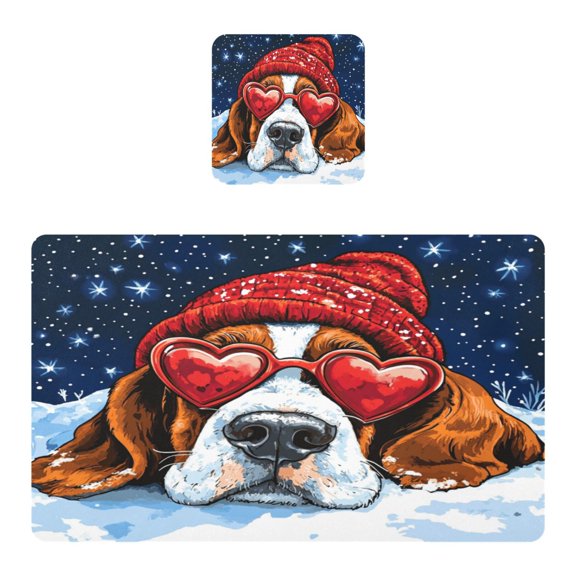 Wobogo Snow Basset Hound Placemats Coasters Set of 1 Heat-resistant Non-slip Easy to Clean Square Dinner Plate Mat