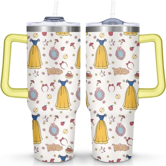 Cartoon Fairy Tale Princess Tumbler with Handle & Straw | Princesses Dress and Mirror | Travel Coffee Mug -Birthday/Christmas Gift to Girl/Women