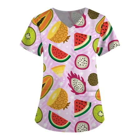 

Yubatuo Independence Day Women Plus Size Scrubs Top with Pockets V-Neck Short Sleeve Printed Work Blouse for Women Pink S