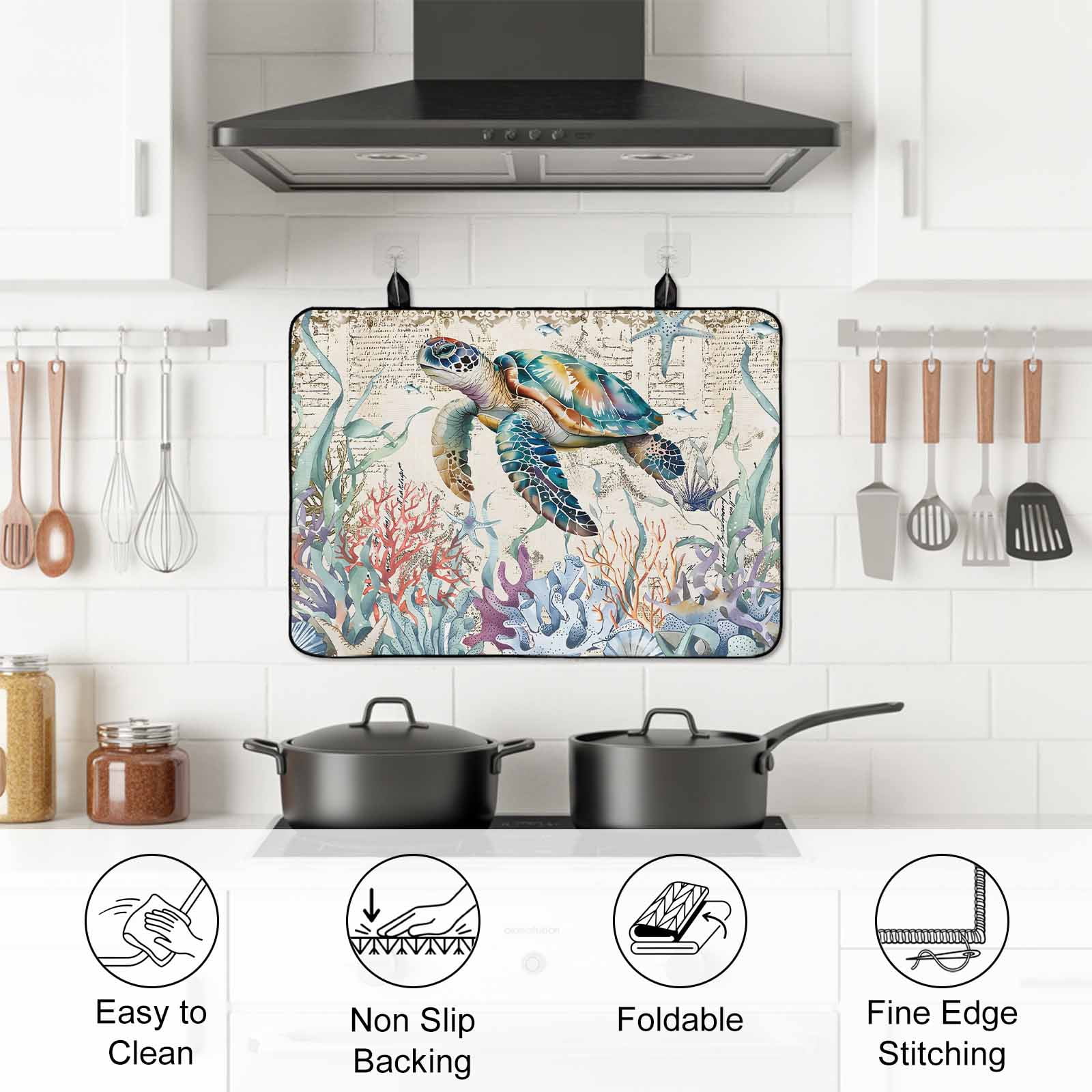 Blue Sea Turtle Coastal Stove Top Cover for Electric Stove, Heat-proof & Non Slip Glass Top Stove Cover Protector, Vintage Summer Beach Coral Ocean Kitchen Flat Cooktop Rubber Mat 24x21 Inches