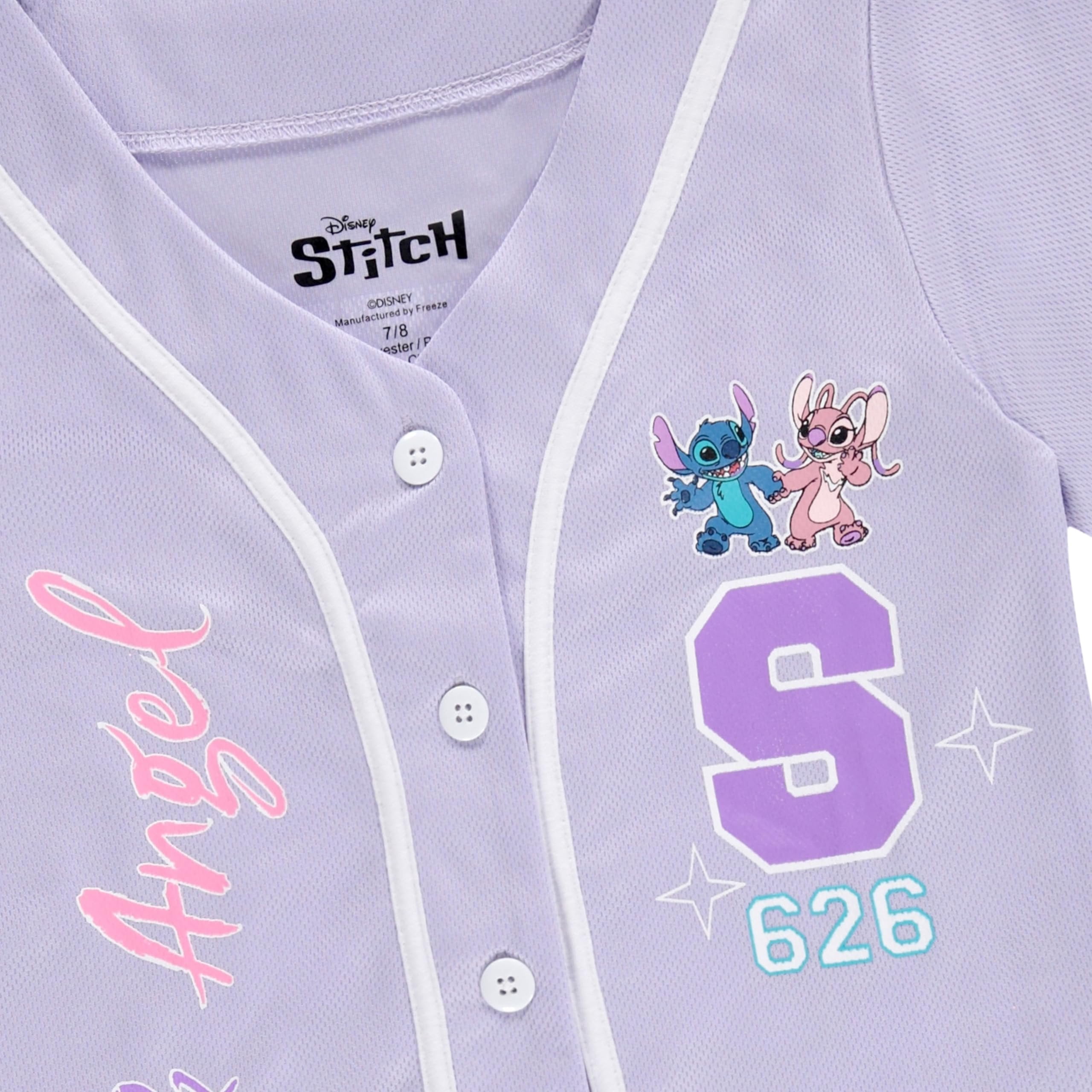 Disney Girls Baseball Jersey T-Shirt with Lilo & Stitch and Mickey Mouse- Girls Sizes 4-16 Lavender