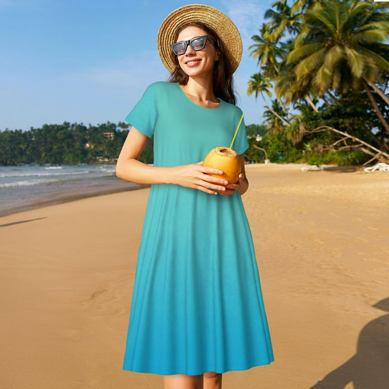 Fotbe Teal Turquoise Pattern Dress Casual Womens Fashion Short Sleeve Maxi  Dress T Shirt Dress Striped Long Color Block Maxi Dress