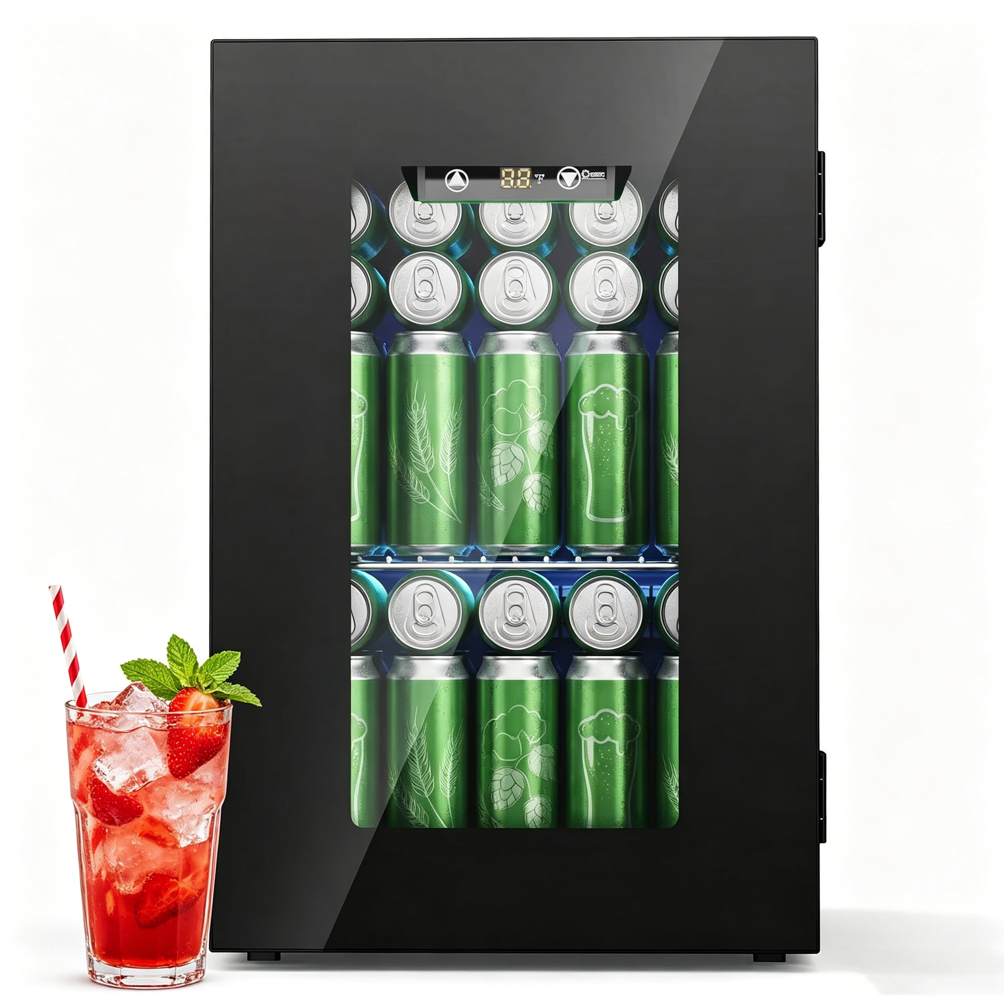 Ecojoy 24 Can Countertop Beverage Refrigerator Mini Beverage Fridge Cooler with Glass Door for Home/Office/Bar, 14.8 in D, 16.8 in H, Black