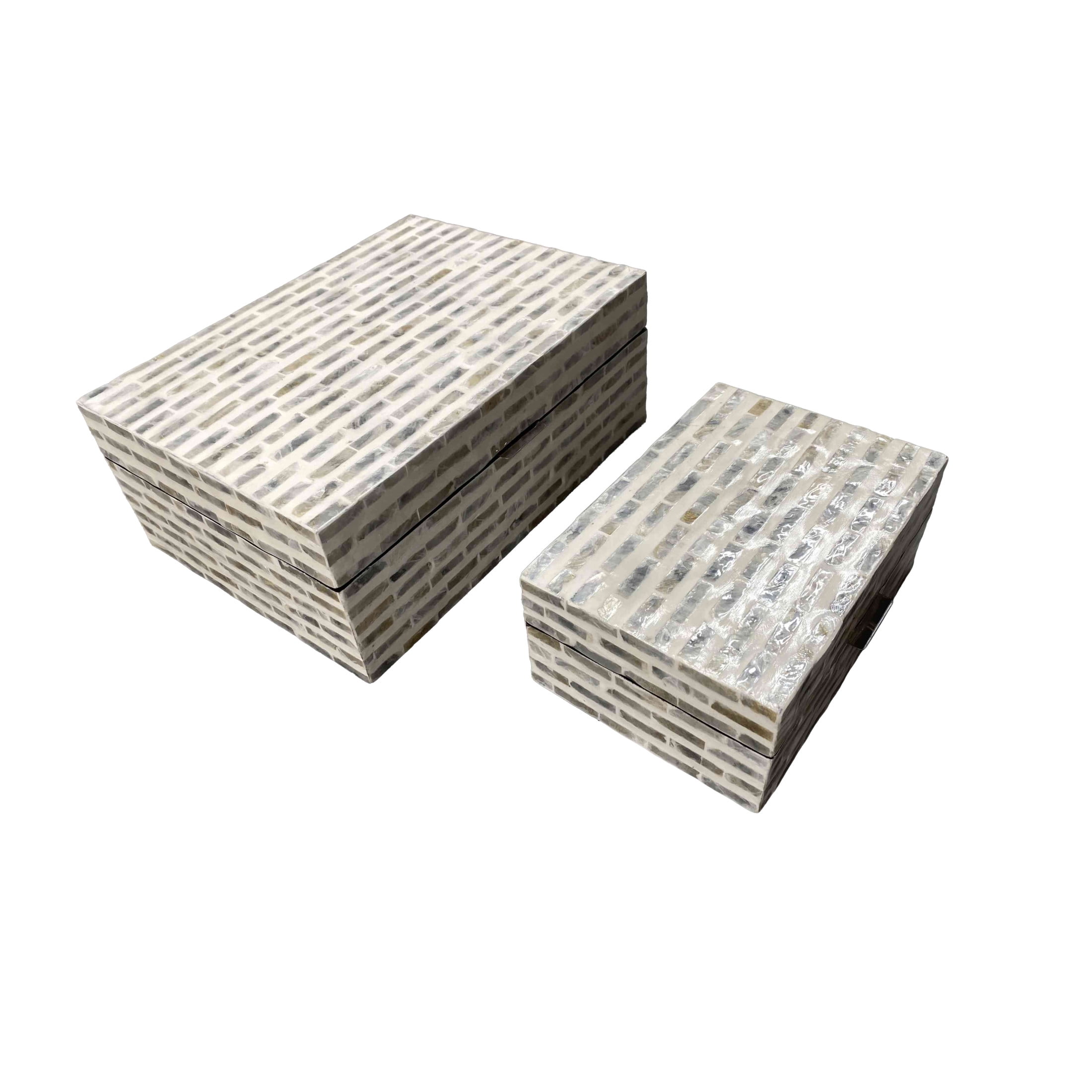 DecMode Geometric Handmade Linear Mosaic Storage Cream Mother of Pearl Shell Decorative Box, 2 Count