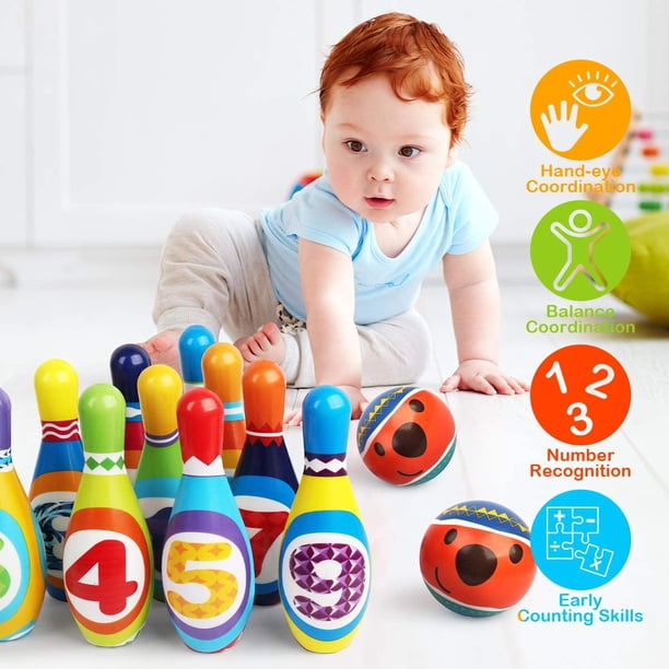 predolo Jeu de Bowling pour Enfants et Familles, Jeu de Motricité Fine, 10 Quilles et 2 Boules, Jeu Idéal pour Les Fêtes dans Le Jardin, 25cm