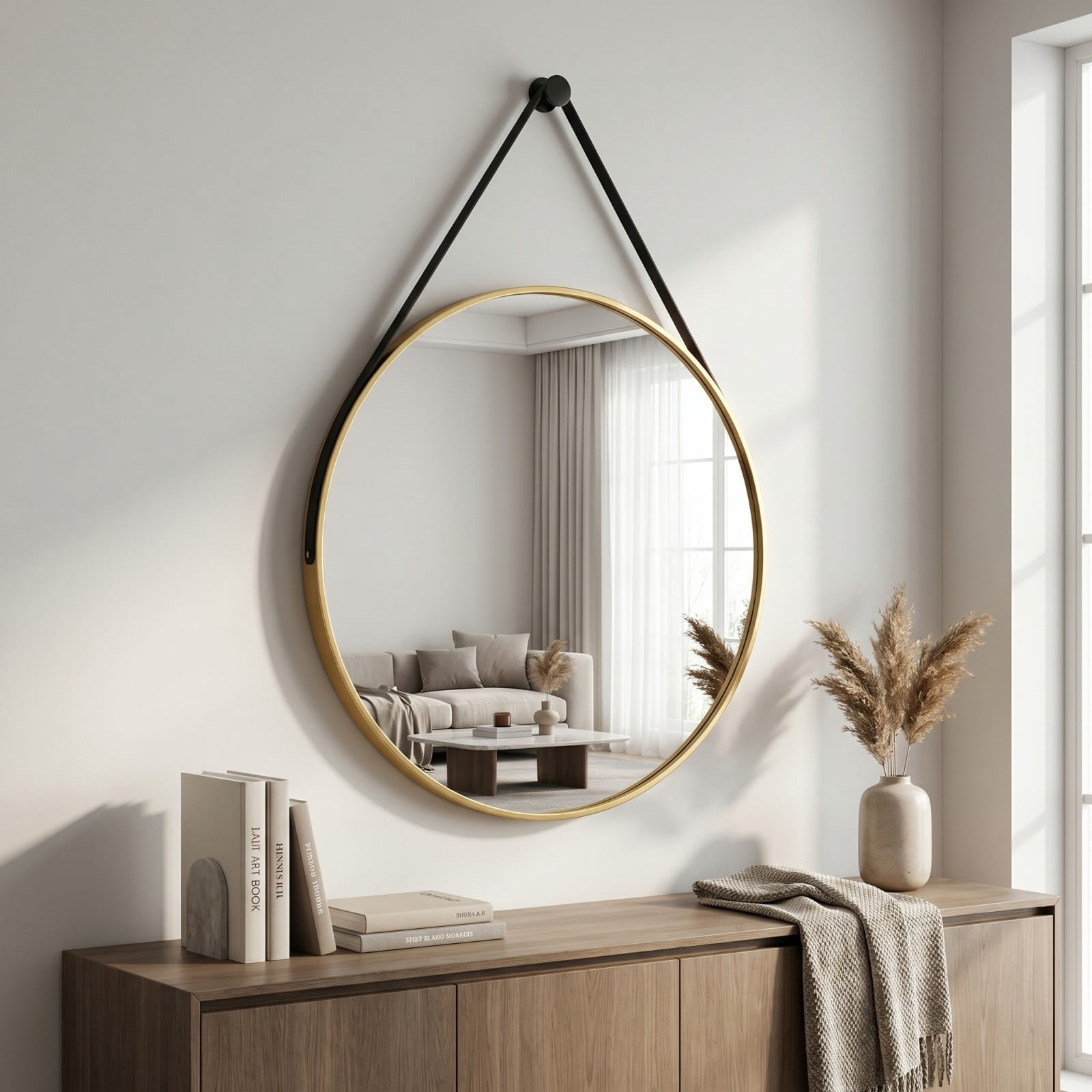 Gleamira 20" Wall Mounted Mirror Round Vanity Mirror with Leather Strap, Gold