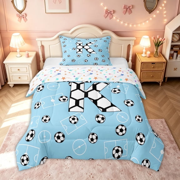 meiyoeat Soccer Letter K Twin Comforter Sets for Boys Kids, Ball Field Bedding Set for , Blue, Colorful Stars Reversible 2-Piece, 1 Comforter and 1 Pillowcase