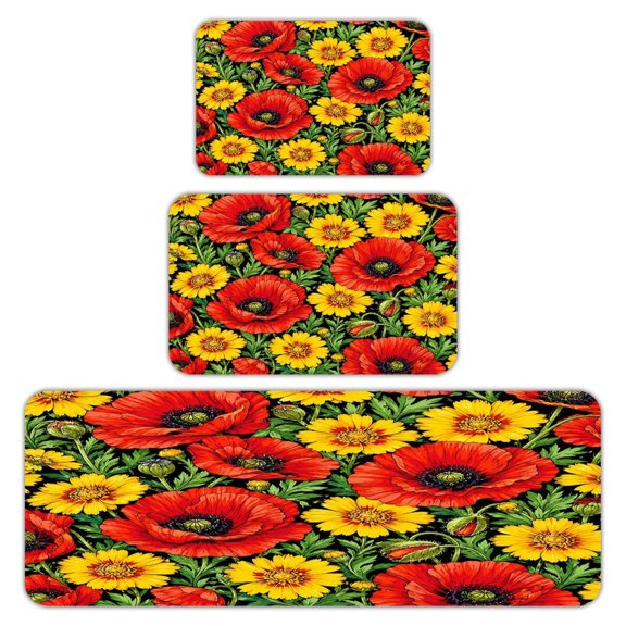 RKSupls Kitchen Rug Set 3 Piece Anti-Slip Flannel Floor Mats, Poppy Daisy Pattern Washable Absorbent Runner Mats for Kitchen Bathroom Home Decor