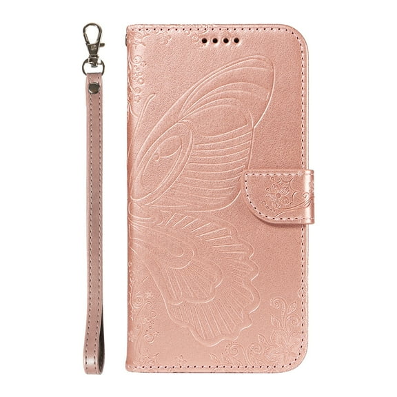 ELEHOLD Wallet Case for Google Pixel 10 /10 Pro, Butterfly Embossed Phone Case with Kickstand and Card Slots, Shockproof Leather Cover with Wrist Strap,Rosegold