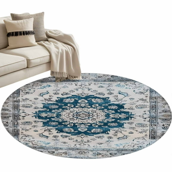Vintage Boho Round Area Rug 4 FT, Non Slip Indoor Outdoor Rug, Retro National Flower Textured Blue Washable Soft Circular Carpet Non-Shedding Floor Mat for Coffee Table Nursery Foyer Balcony