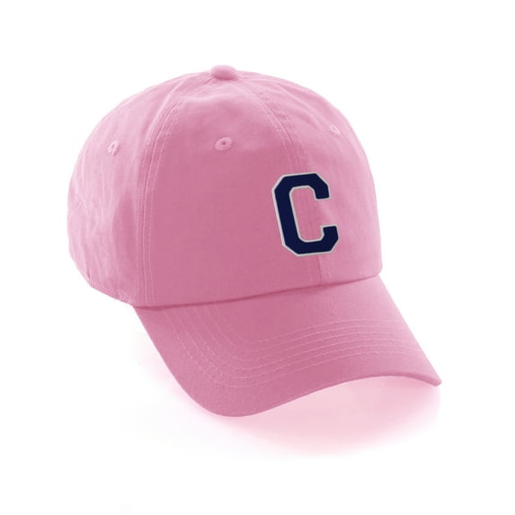 Customized Letter Intial Baseball Hat A to Z Team Colors, Pink Cap White Navy Letter C