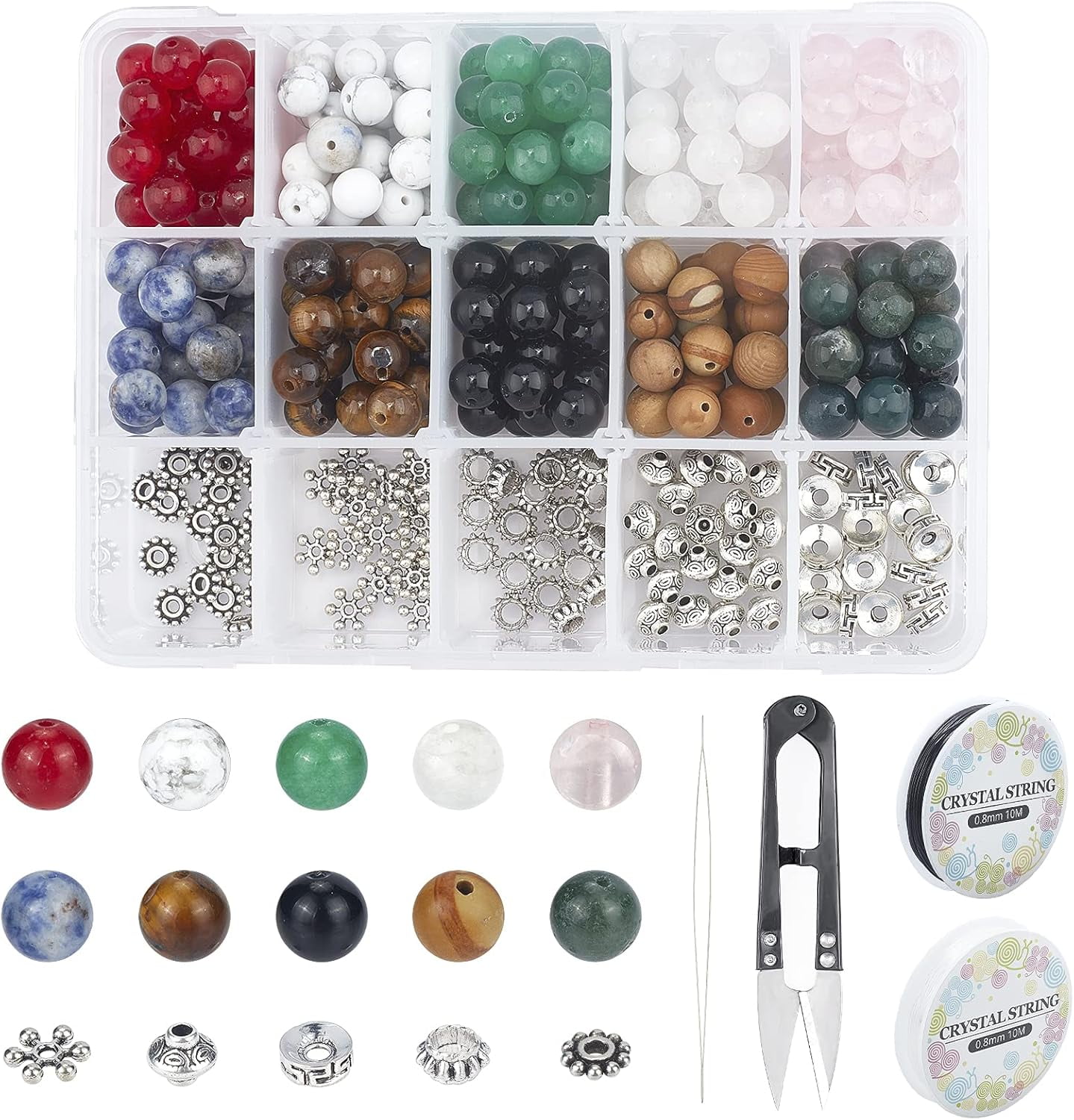 1 set DIY Stretch Bracelets Making Kits Including Natural Gemstone Round Beads Alloy Spacer Beads Iron Beading Needles Elastic Thread and Steel