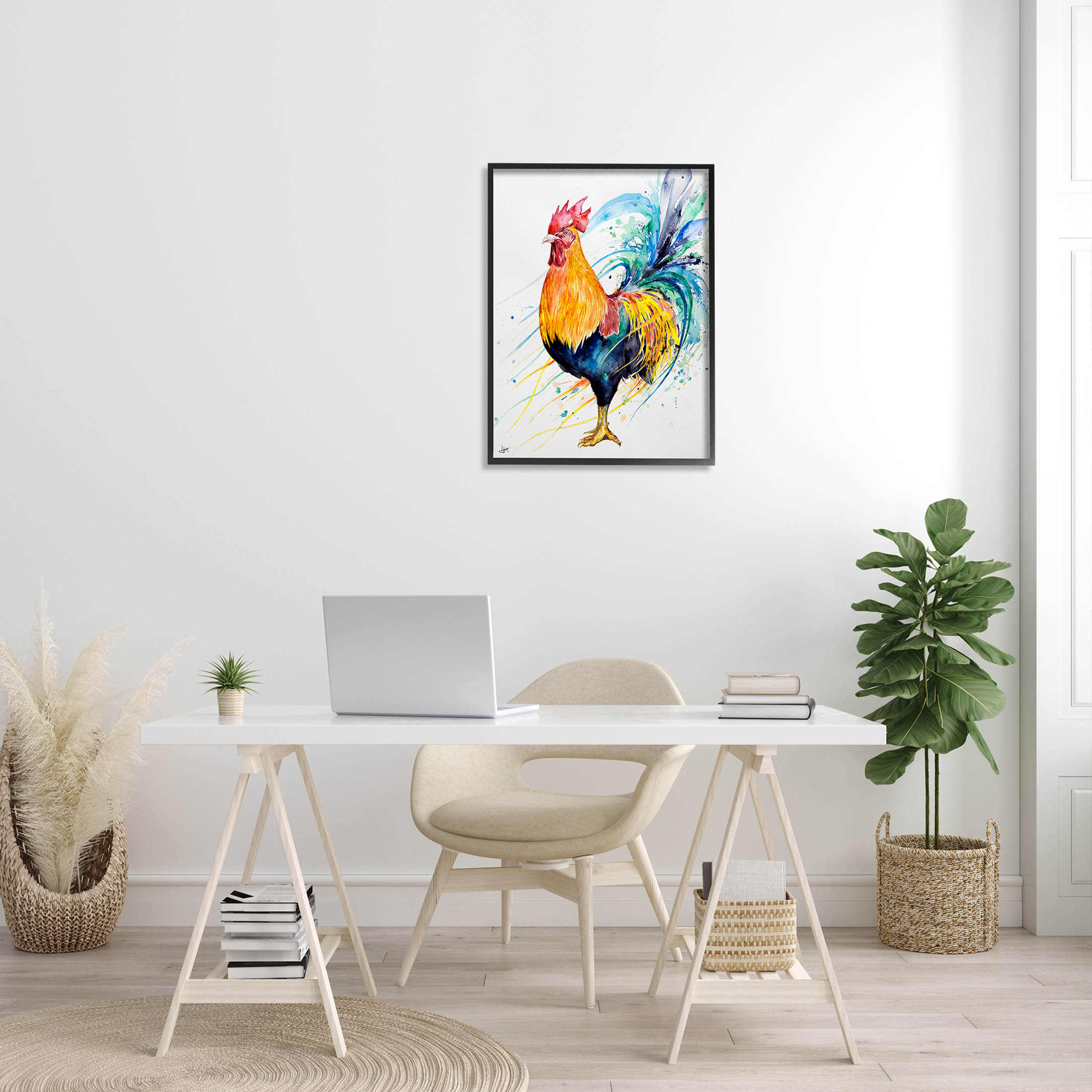Modern Rooster Rainbow Splatter Animals & Insects Graphic Art Black Framed Art Print Wall Art