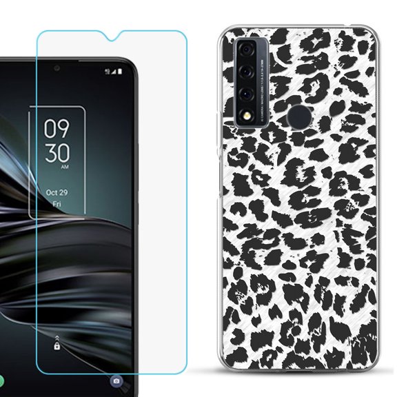 Slim-Fit Fashion Phone Case for TCL 20 XE, with Tempered Glass Screen Protector, by OneToughShield ® - Cheetah B/W