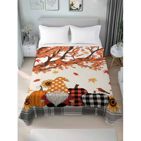 California King Flat Sheet Only Thanksgiving Pumpkin Fall Gnome Soft Microfiber Cooling Bedding Sheets Orange Maple Leaf Retro Linen Flat Bed Sheet for Hotel Home Decor