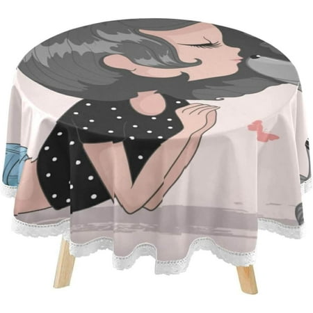 SKYSONIC Cute Girl Dog Round Tablecloth 60inch with Lace Indoor Wrinkle Free, Valentine's Love Circular Table Cover Washable Farmhouse Tabletop for Kitchen Dining Decor