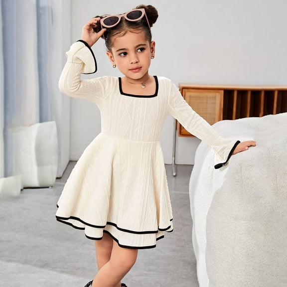 Vividxx Girls Dresses Square Neck School Casual Dress Kids Toddler Fall Long Sleeve Dress for Casual Birthday Party 7-8 Years