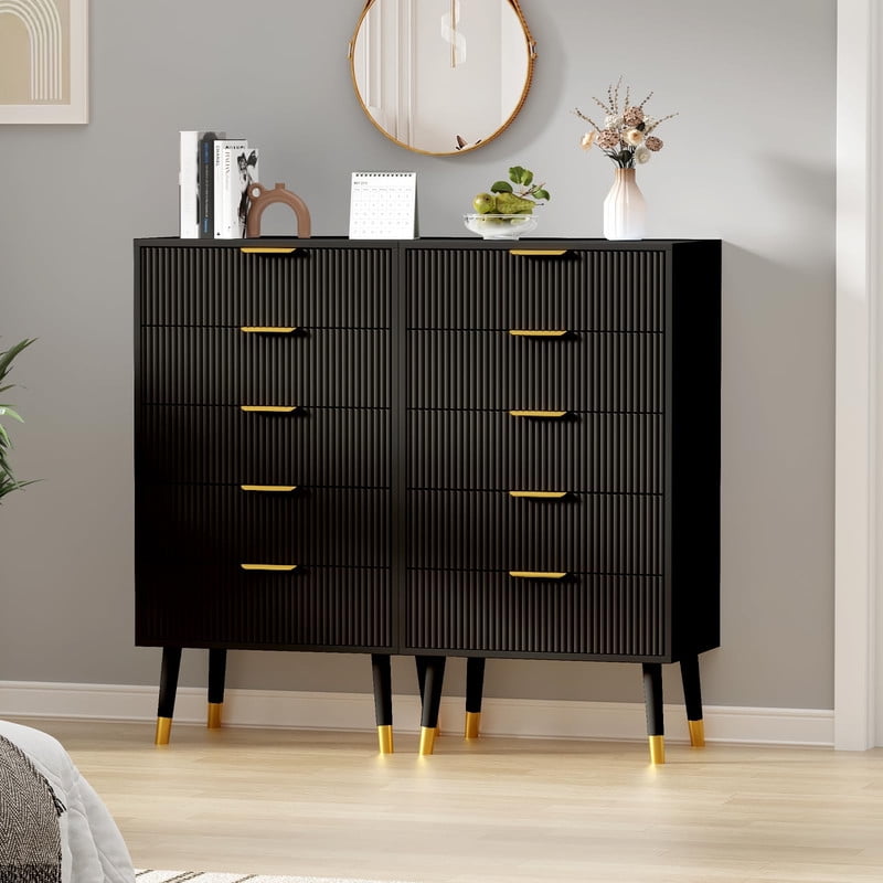 TROPOW 5 Drawer Dresser for Bedroom, Modern Closet Dressers Chest of Drawers, Storage Chest Cabinet Organizer Unit, Small Fluted Nightstand for Bedroom