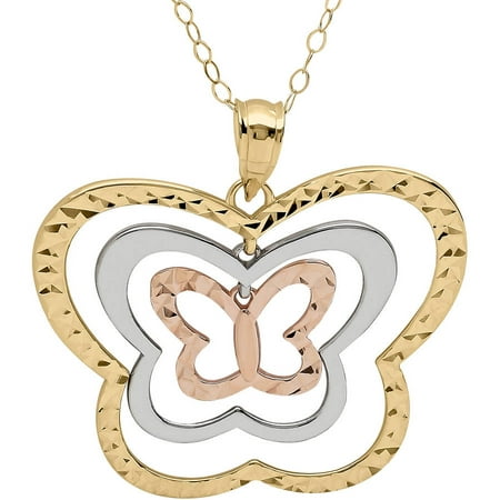 Simply Gold 10kt Yellow, Pink and White Gold Graduated Butterfly Pendant, 18