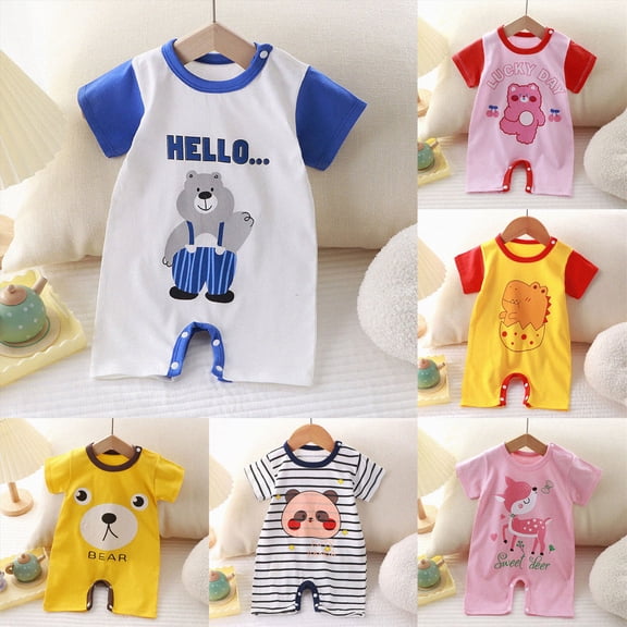 Caqnni Preemie 6-9 Months One-Piece Summer Clothes For Newborn Babies Short Sleeved Thin Open Crotch Romper Baby Bodysuit A38-Pink