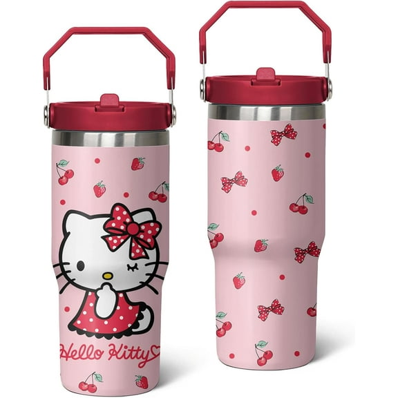 Kitty Tumbler for Adults Water Bottle 30 Oz Tumbler with Handle and Straw Kitty Cups for Kids Pink Coffee Mug Kitty Stuff Cat Insulated Cup Gifts for Girl Women