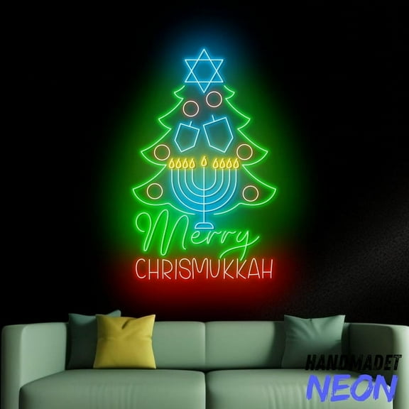 Handmadetneonsign Merry Christmukkah Neon Sign, Happy Hanukkah Neon Light, Chanukah Wall Art, Home Wall Decor 90339