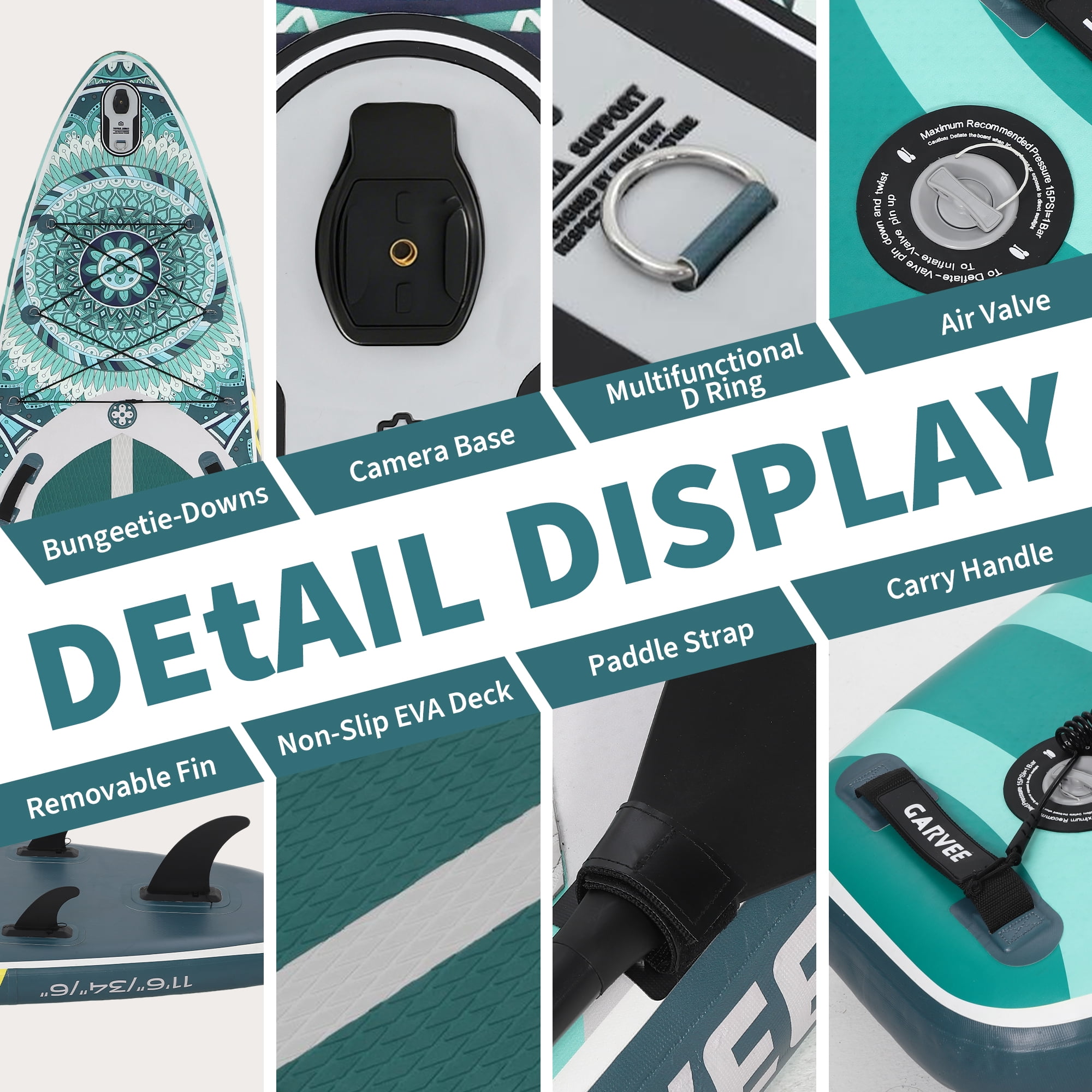 Bohemian Inflatable Stand Up Paddle Board with Accessories, EVA Non-Slip Deck, 3 Removable Fins, Adjustable Paddle, Pump, Leash & Backpack, All-Around iSUP for Adults & Youth, 11.5', Deep Green