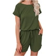 thumbnail image 2 of qILAKOG Womens Solid Rompers Round-Neck Short Sleeve Short Jumpsuits for Female Ladies Summer Crew-Neck Bandage Short Jumpsuit for Women with Pocket, S&Army Green, 2 of 5