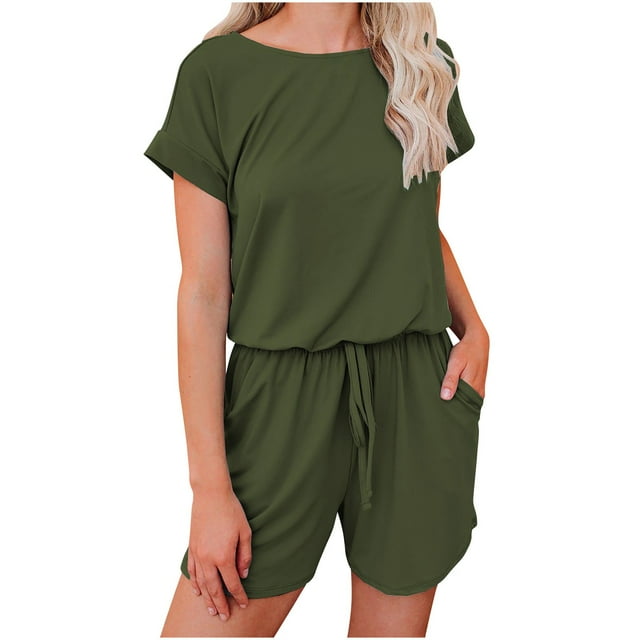 Yuyuzo 2025 Combinaisons Décontractées d'Été à Manches Courtes pour Femmes, Col Rond, Taille Nouée, Short, une-Pièce, Pyjama avec Poches