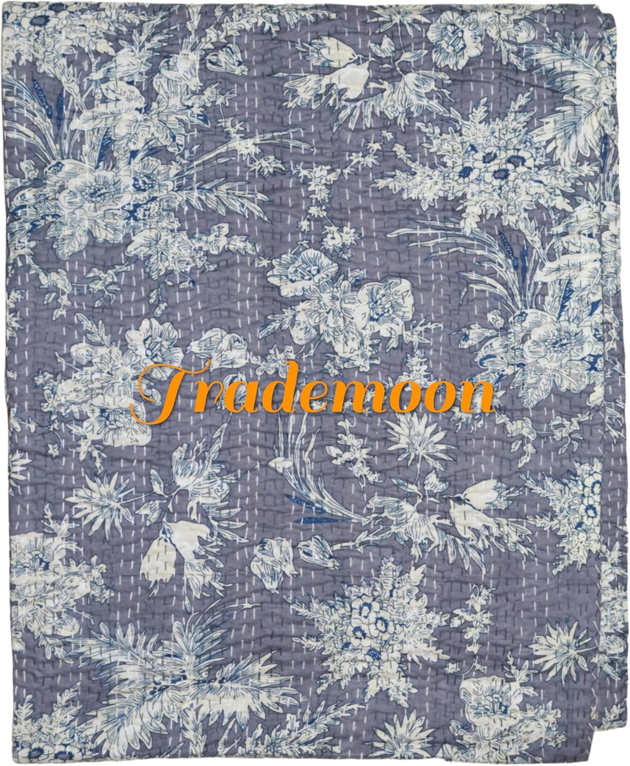 Indian Vintage Floral Kantha Quilt, Gray Cotton Bedspread with White Stitched Pattern, Kantha Gudri (Twin Size - 60" x 90")