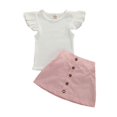thumbnail image 4 of Kid Baby Girl Summer Clothes, Basic Plain Ruffle Sleeve Knit Top + Button Skirt 2 Piece Outfit Set, 4 of 4