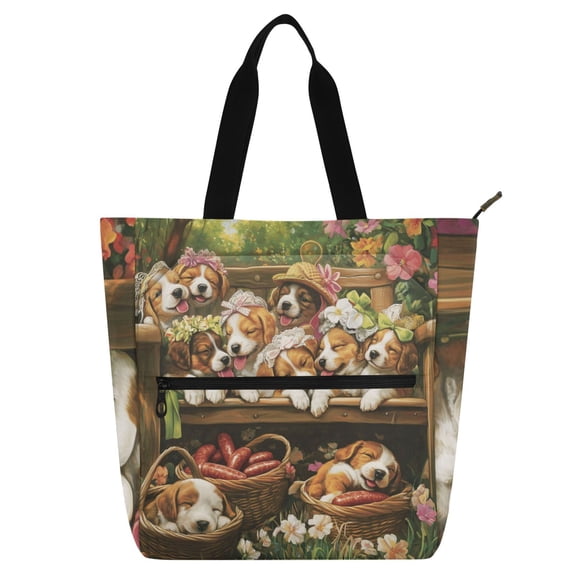 DIXRUYEE Book Tote Bag Casual Style Creatively Puppy Playdate in Bloom Printed