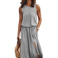 thumbnail image 3 of Women's Crew Neck Sleeveless Elastic Waist Slit Maxi Dress Gray XXL, 3 of 6