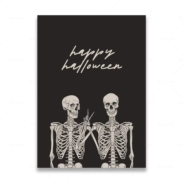 Decoración de Halloween, esqueleto de pósteres de café y murciélagos, Gato Negro brumoso, cuadro sobre lienzo para pared, imagen escalofriante, decoración del hogar para habitación