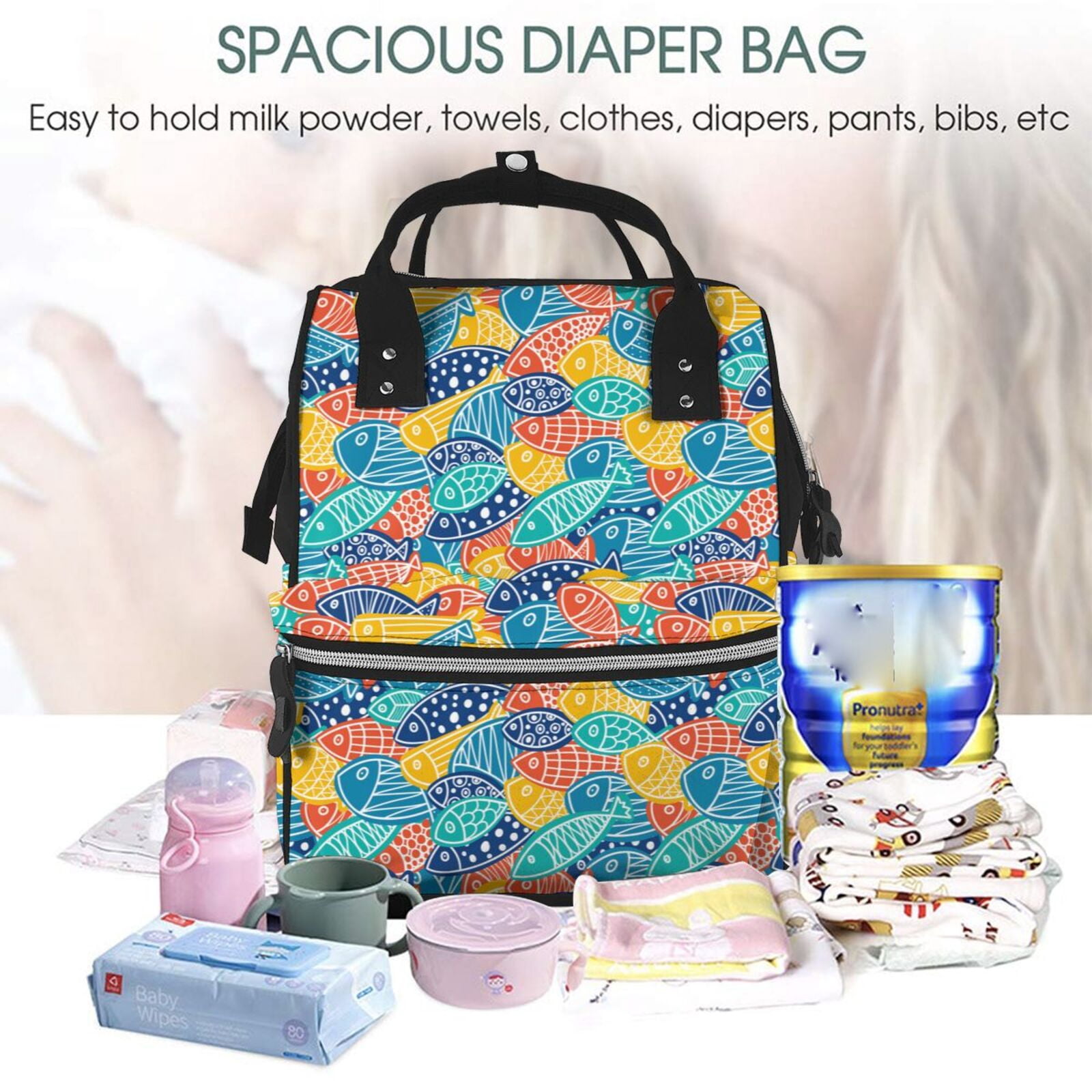 Ratiio Colorful Fish 1 Mummy Backpack - Waterproof Twill Canvas, Large Capacity Diaper Bag with Multiple Pockets and Adjustable Straps