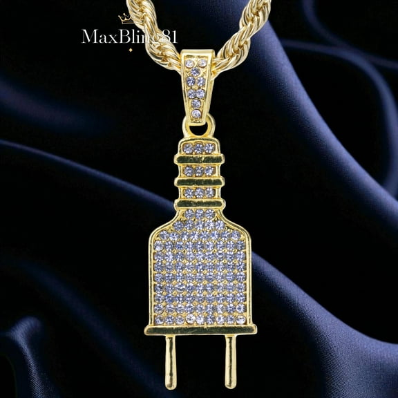 Men's Iced Hip Hop Power Plug CZ Pendant & 24" Rope Chain Bling Hip Hop Gold Plated Necklace