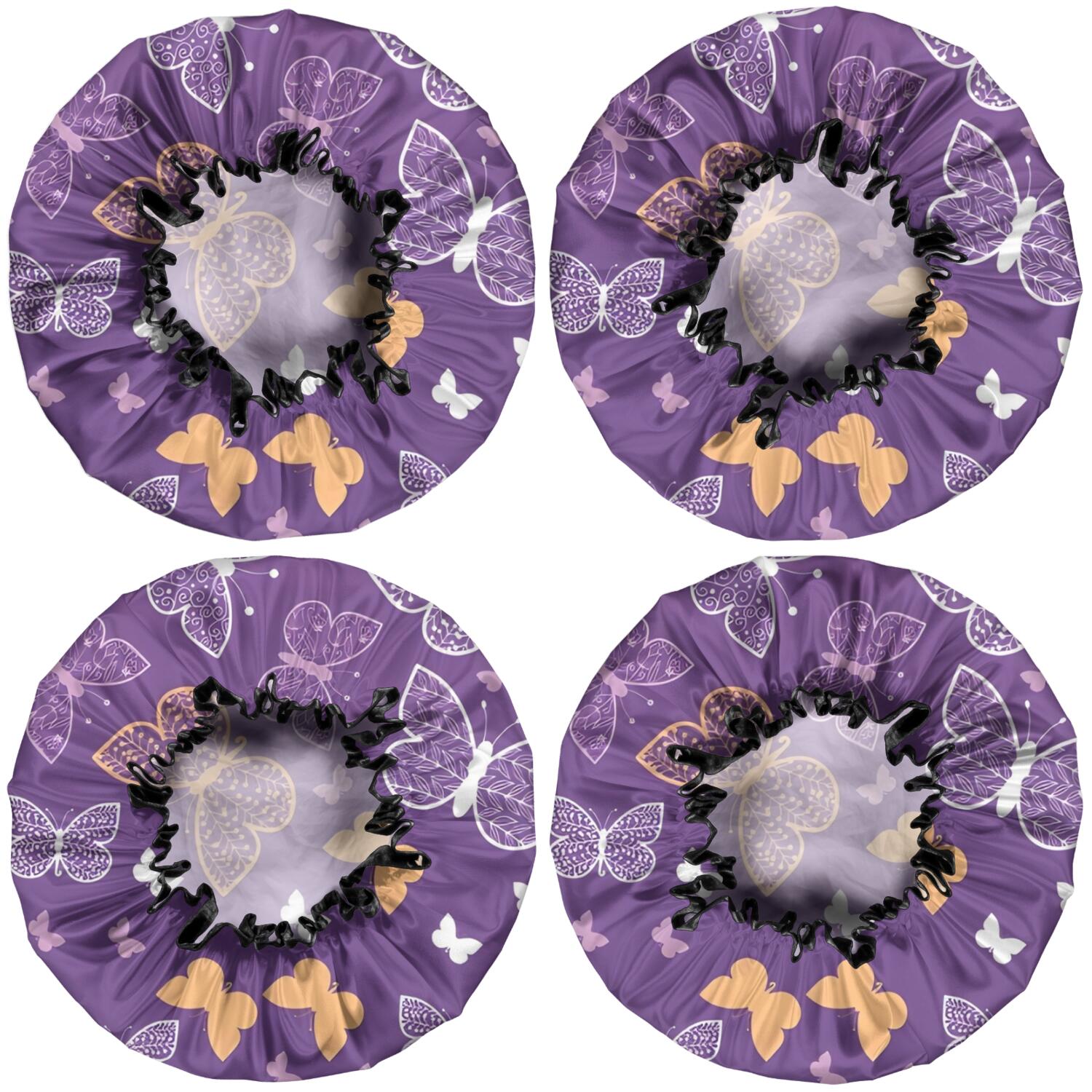 Shower Caps,Purple Orange White Butterfly Pattern Waterproof Shower Cap for Women 4 Pieces,Double Reusable Hair Cover for Shower PEVA Elastic Stretch Hem
