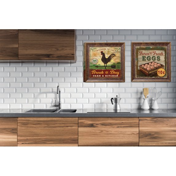 Gango Home Decor Country-Rustic Farm Fresh Eggs & Break of Day Rooster; Two 12x12in Art Prints in Gold Trim Brown Frames