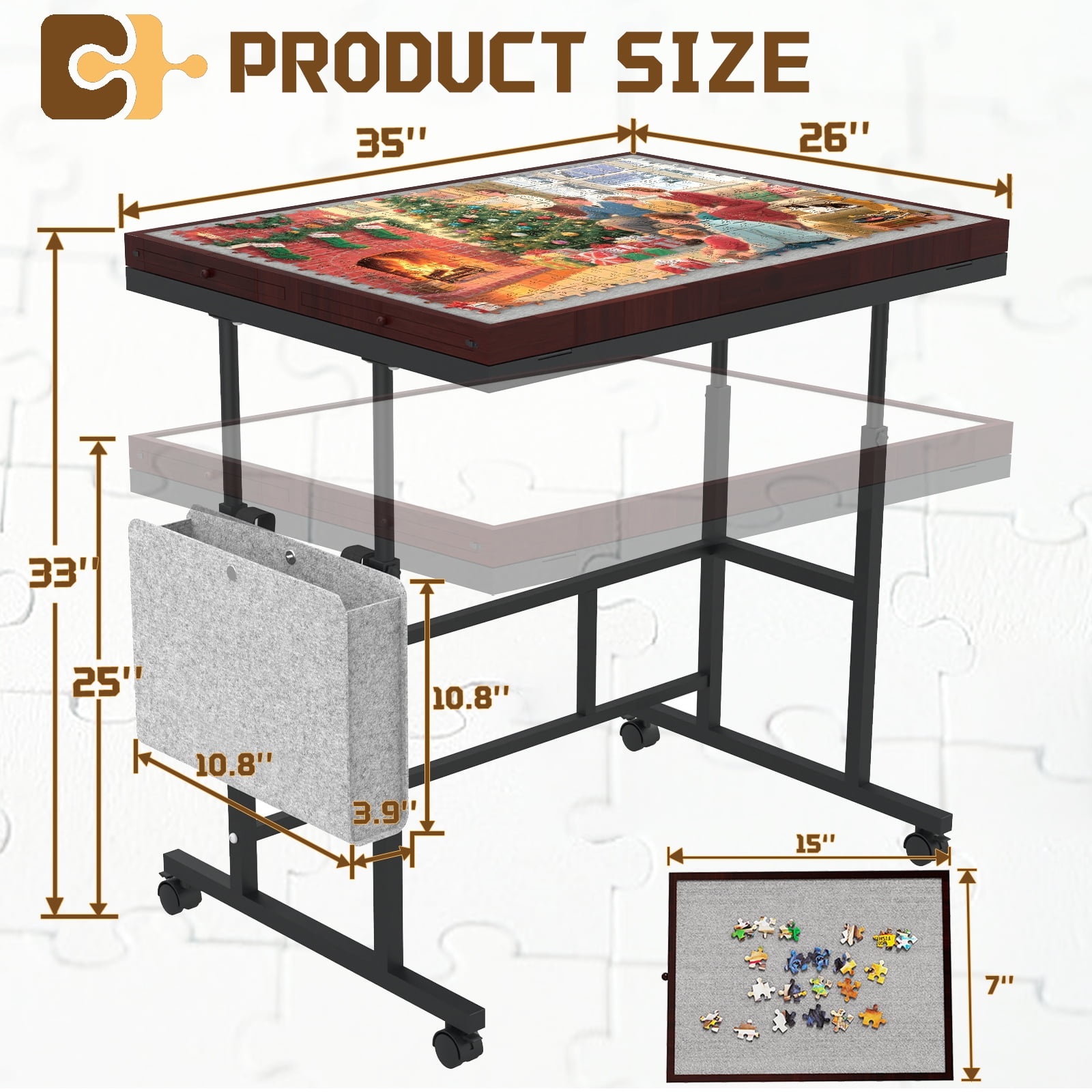 Jigsaw Puzzle Table for Adults with Drawers&Storage Pocket, Jigsaw Puzzle Board with Legs and Wheels, 5 Adjustable Height&Tilting, Coffee Color