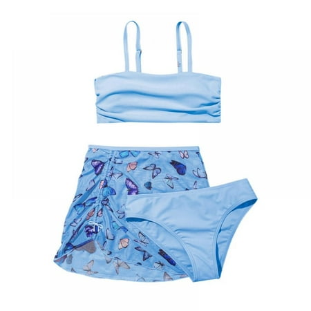 GYRATEDREAM Girl s Butterfly Print Bikini Bathing Suit with Cover Up Beach Skirt 3 Piece Swimsuits  Blue 9-10 Years