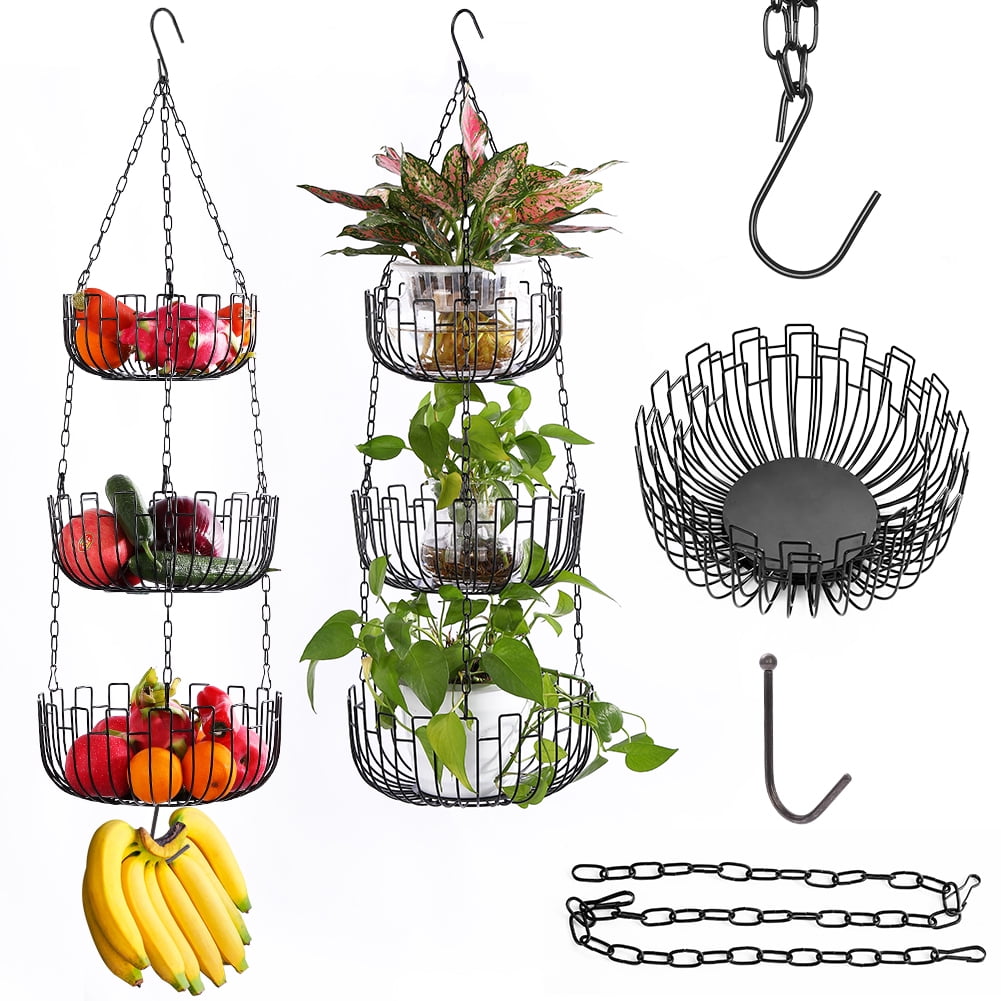 MODANU 3 Tier Hanging Fruit Basket Storage Basket for Kitchen Home, Heavy Duty - Black