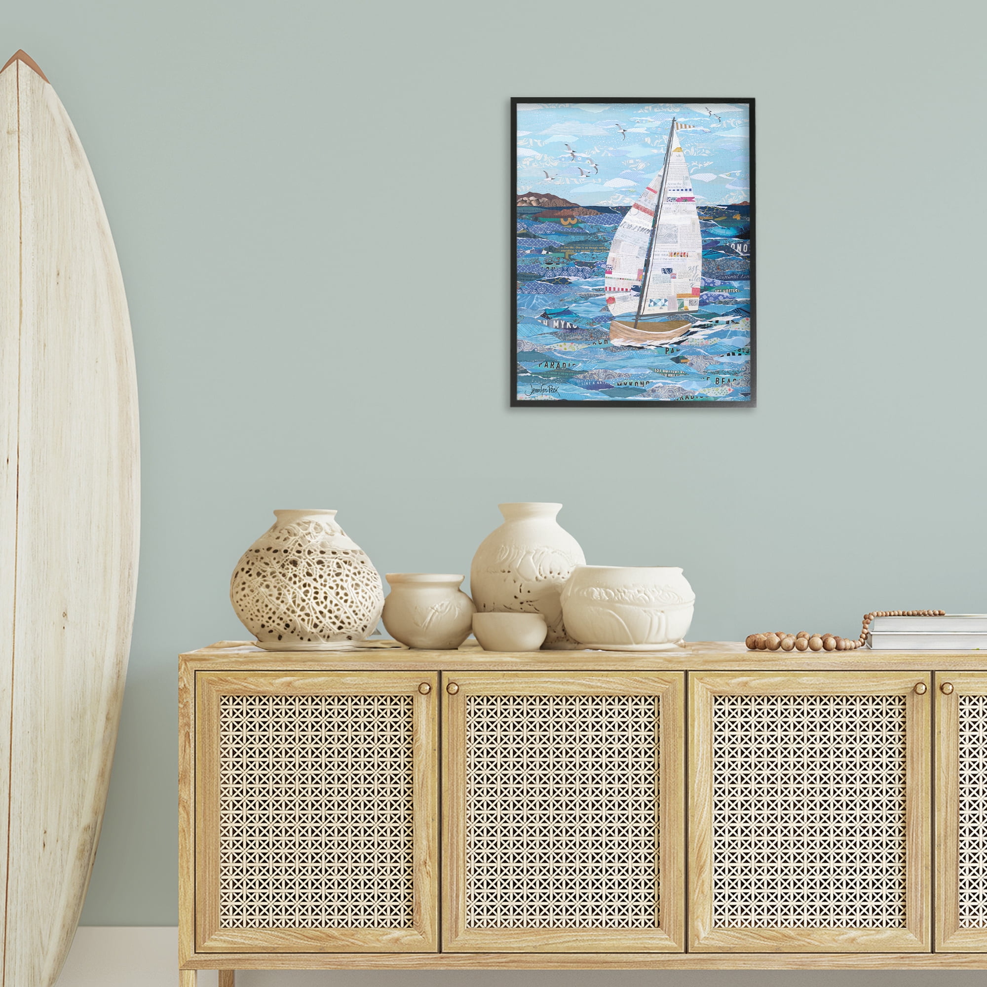 Stupell Industries Collaged Sailboat Scene Transportation Painting Black Framed Art Print Wall Art, 24 x 30